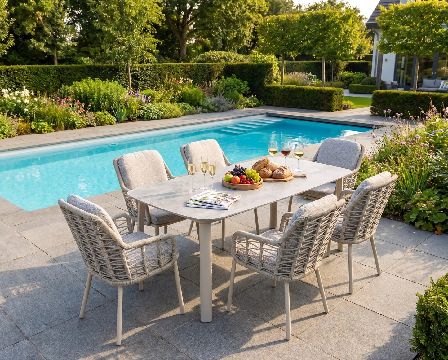 Chimes - Portofino Aluminium & Rope 6 Seat Rectangular Dining Set - Cream
