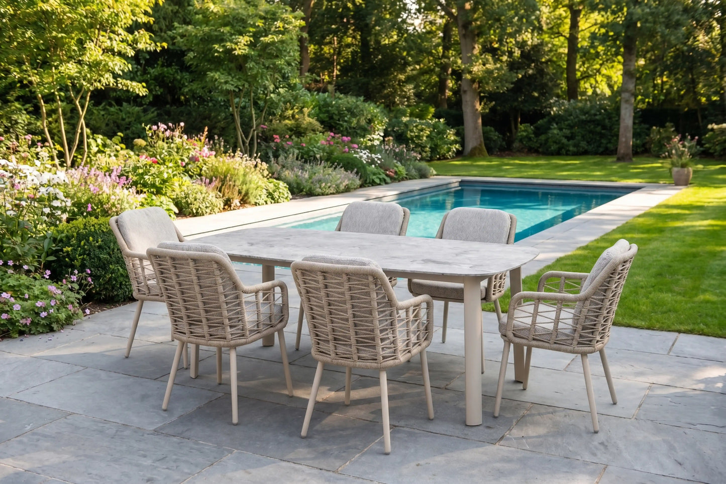 Chimes - Portofino Aluminium & Rope 6 Seat Rectangular Dining Set - Cream