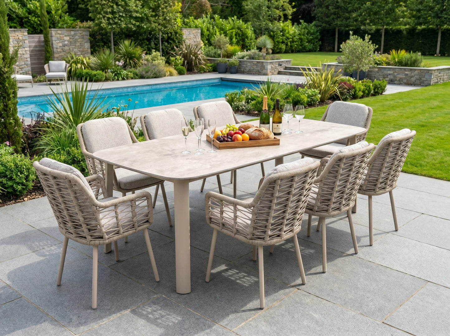 Chimes - Portofino Aluminium & Rope 8 Seat Rectangular Dining Set - Cream