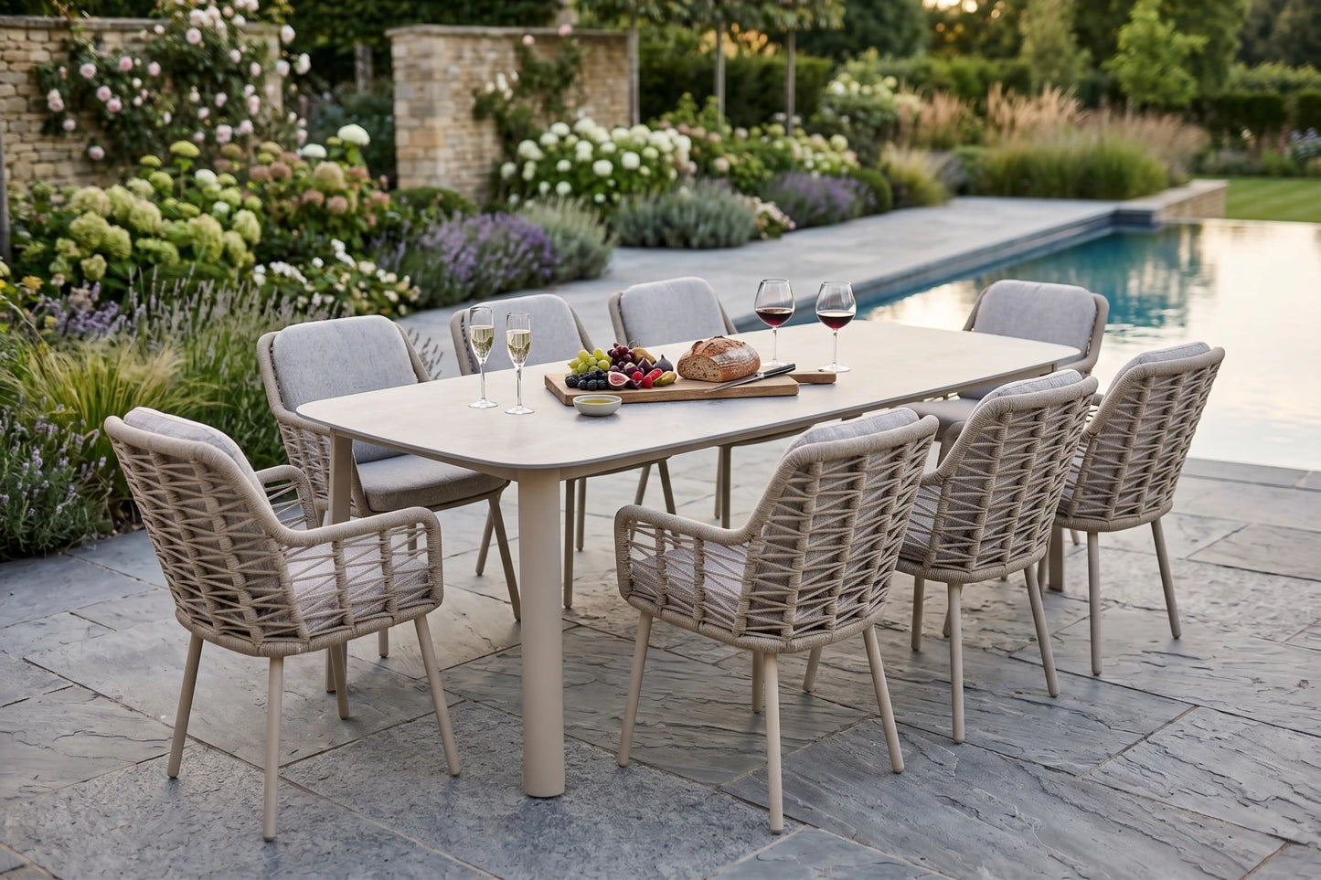 Chimes - Portofino Aluminium & Rope 8 Seat Rectangular Dining Set - Cream