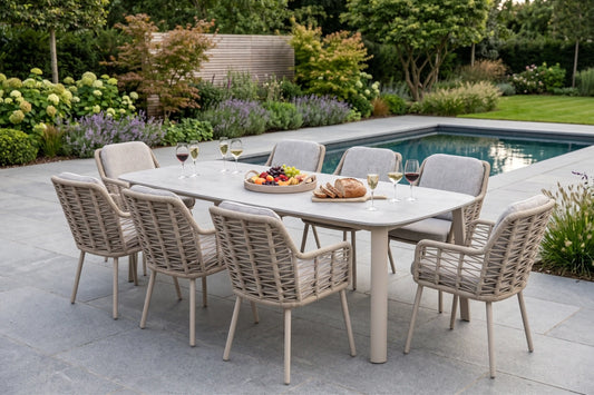 Chimes - Portofino Aluminium & Rope 8 Seat Rectangular Dining Set - Cream