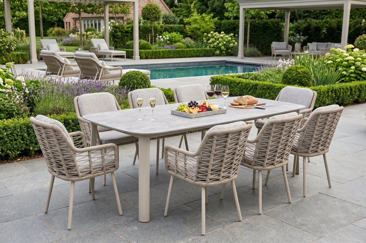 Chimes - Portofino Aluminium & Rope 8 Seat Rectangular Dining Set - Cream