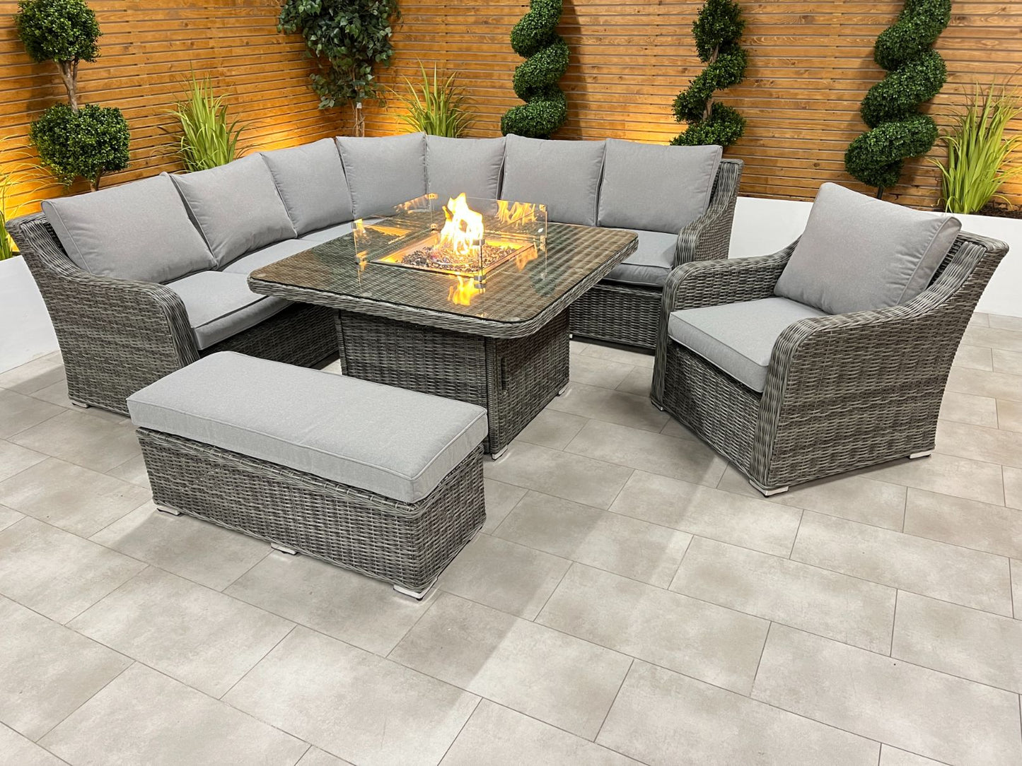 Chimes Rattan Furniture - Prestige Grey Vienna Deluxe Corner Sofa Set With Firepit table, Bench & Armchair - LOW STOCK