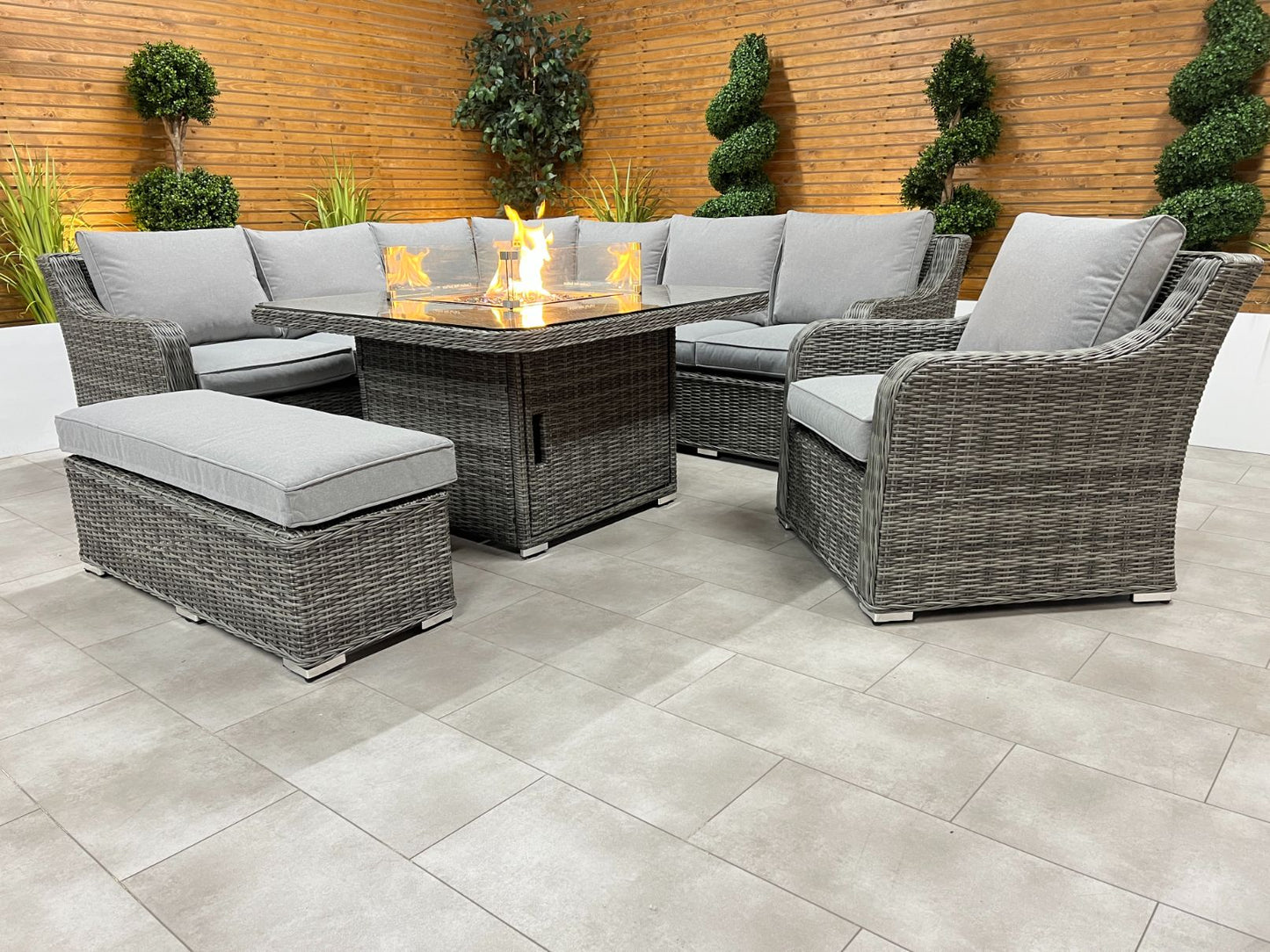 Chimes Rattan Furniture - Prestige Grey Vienna Deluxe Corner Sofa Set With Firepit table, Bench & Armchair - LOW STOCK
