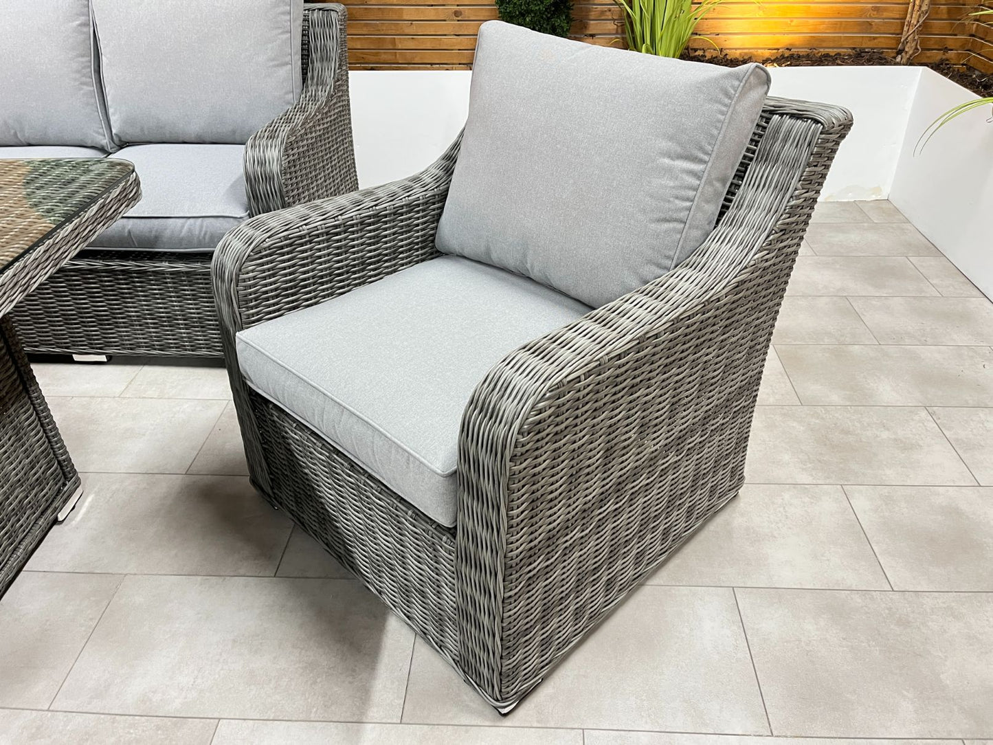 Chimes Rattan Furniture - Prestige Grey Vienna Deluxe Corner Sofa Set With Firepit table, Bench & Armchair - LOW STOCK