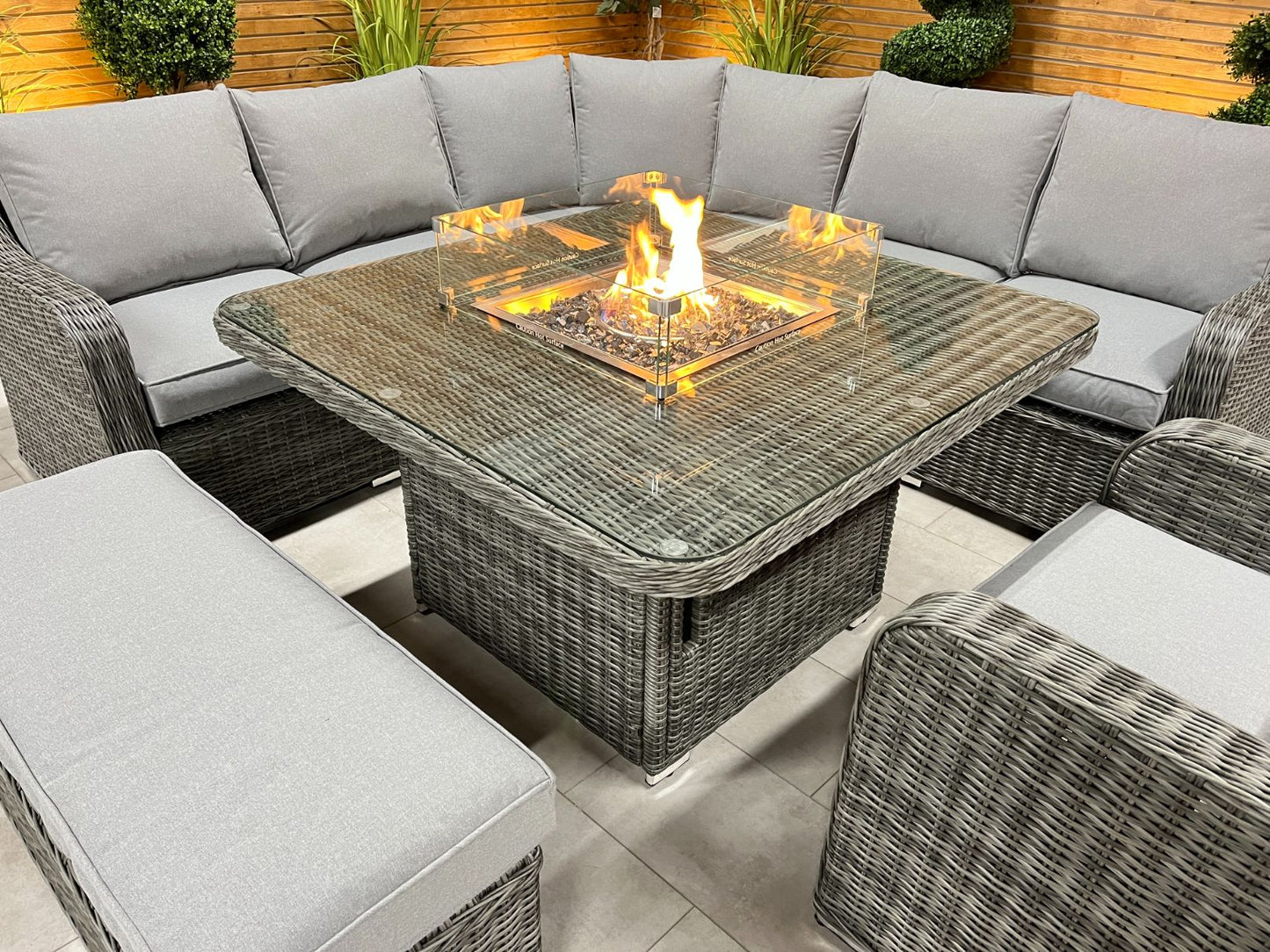 Chimes Rattan Furniture - Prestige Grey Vienna Deluxe Corner Sofa Set With Firepit table, Bench & Armchair - LOW STOCK