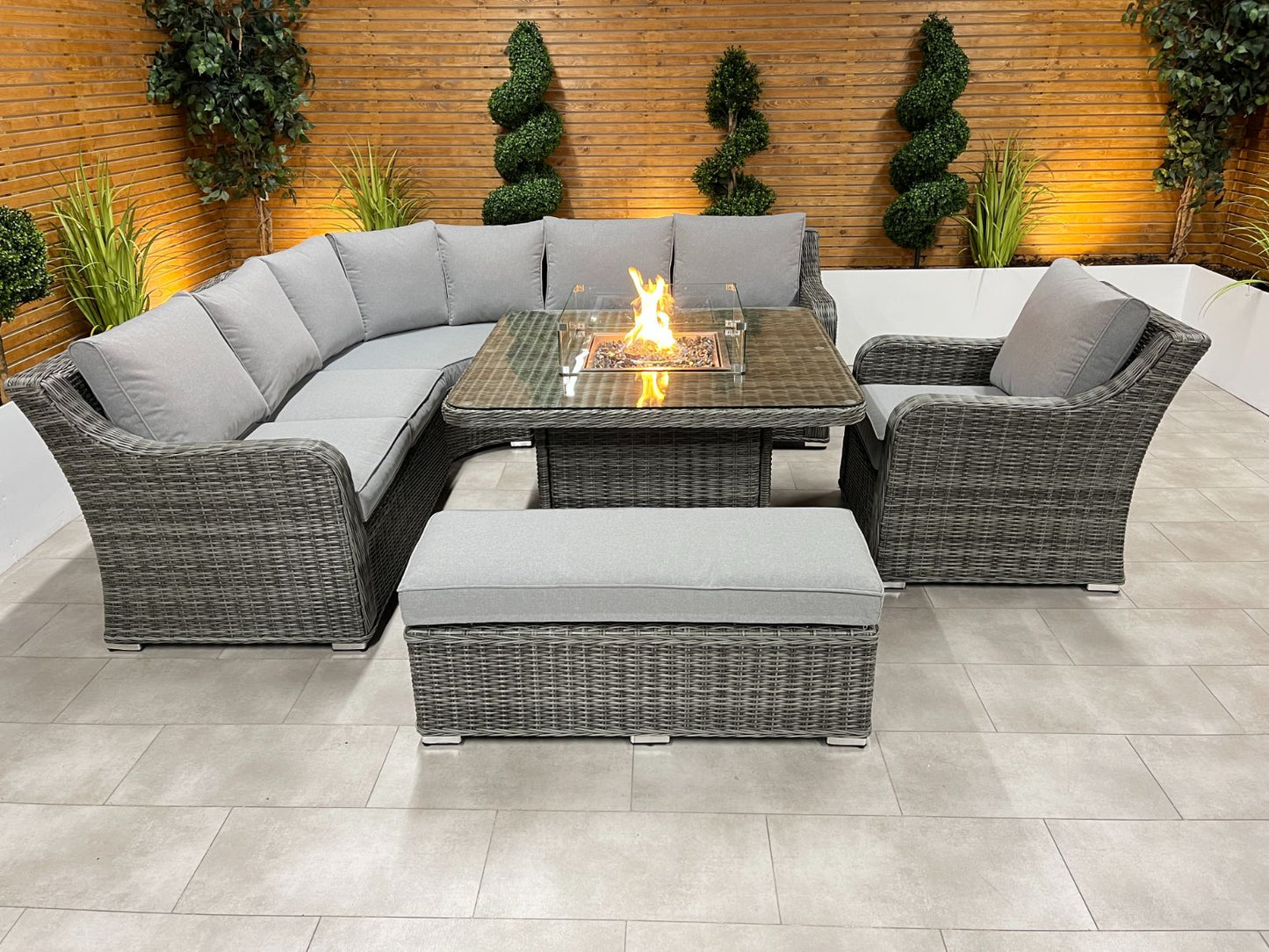 Chimes Rattan Furniture - Prestige Grey Vienna Deluxe Corner Sofa Set With Firepit table, Bench & Armchair - LOW STOCK