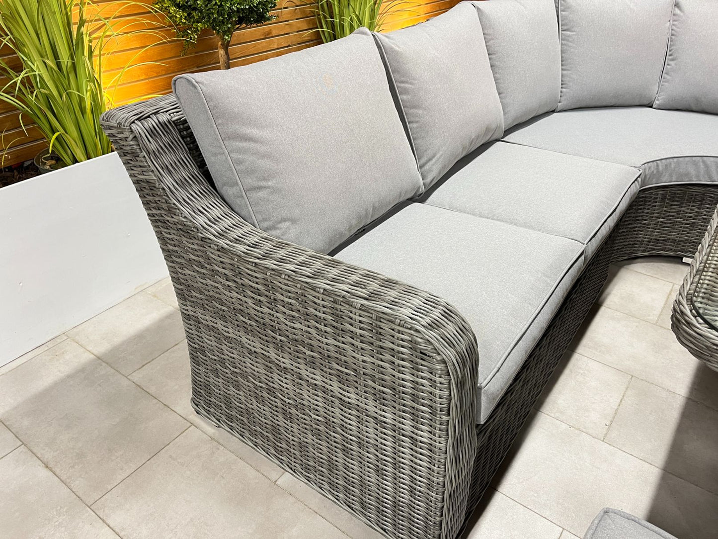 Chimes Rattan Furniture - Prestige Grey Vienna Deluxe Corner Sofa Set With Firepit table, Bench & Armchair - LOW STOCK