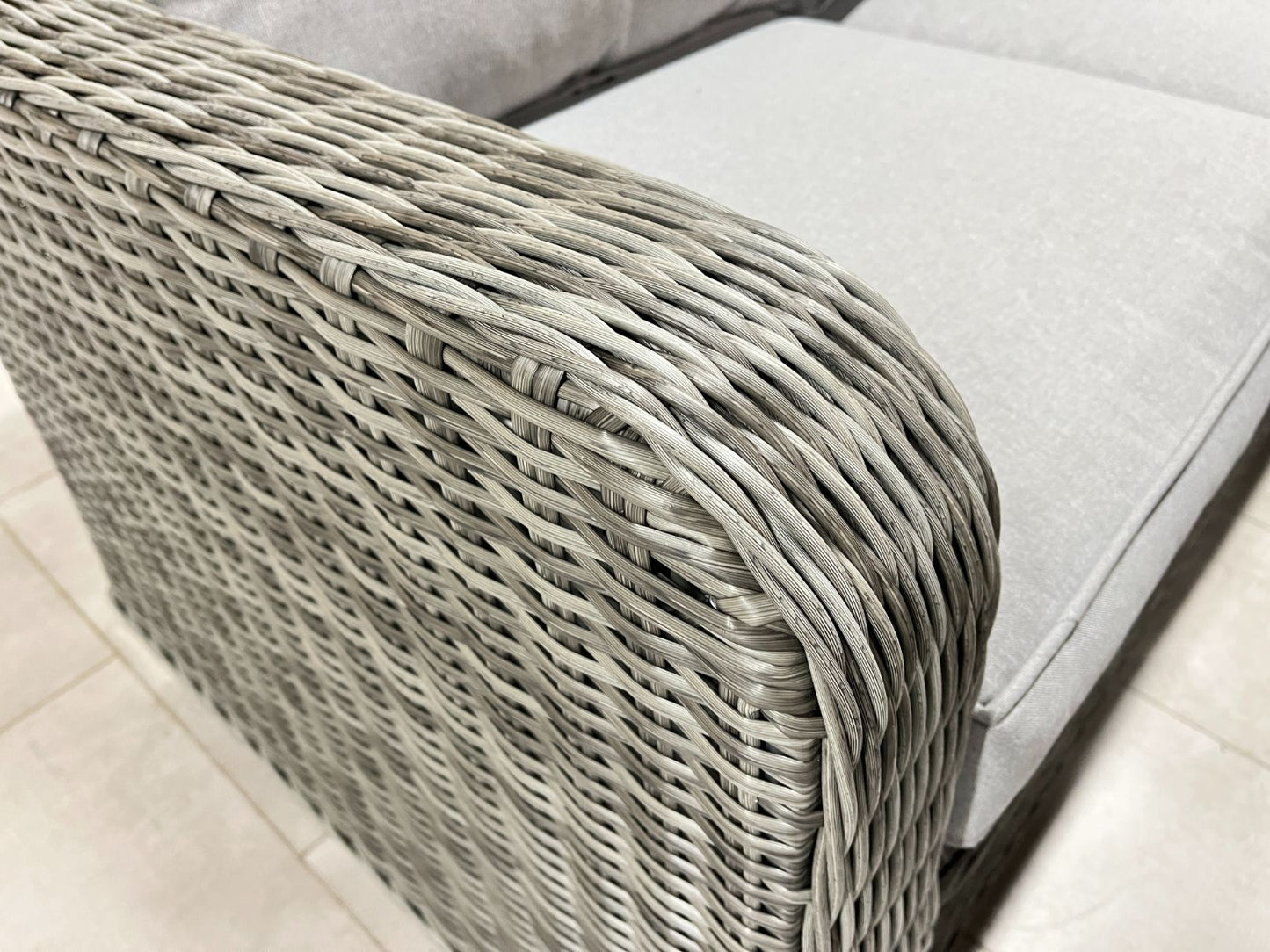Chimes Rattan Furniture - Prestige Grey Vienna Deluxe Corner Sofa Set With Firepit table, Bench & Armchair - LOW STOCK