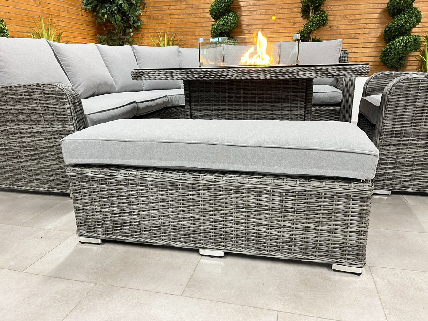 Chimes Rattan Furniture - Prestige Grey Vienna Deluxe Corner Sofa Set With Firepit table, Bench & Armchair - LOW STOCK