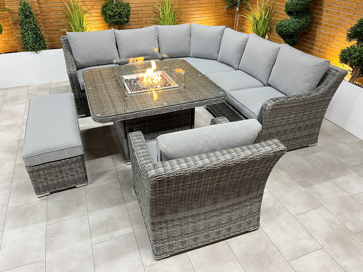 Chimes Rattan Furniture - Prestige Grey Vienna Deluxe Corner Sofa Set With Firepit table, Bench & Armchair - LOW STOCK