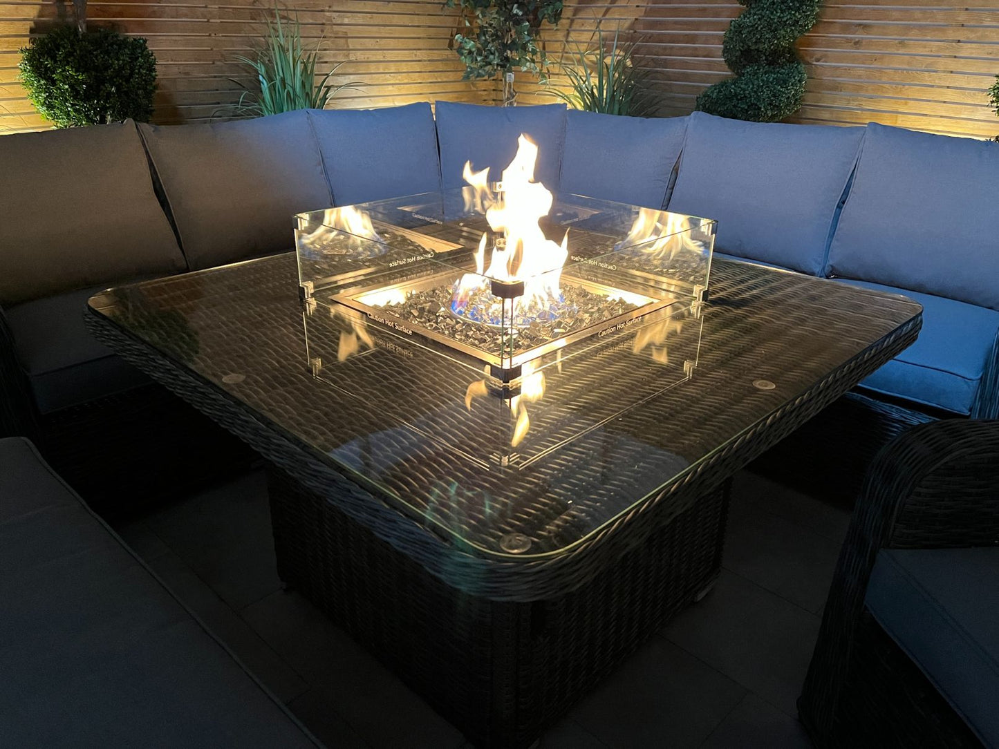 Chimes Rattan Furniture - Prestige Grey Vienna Deluxe Corner Sofa Set With Firepit table, Bench & Armchair - LOW STOCK