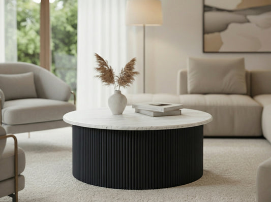 Tyler Travertine Top Coffee Table with Black Acacia Wood Base