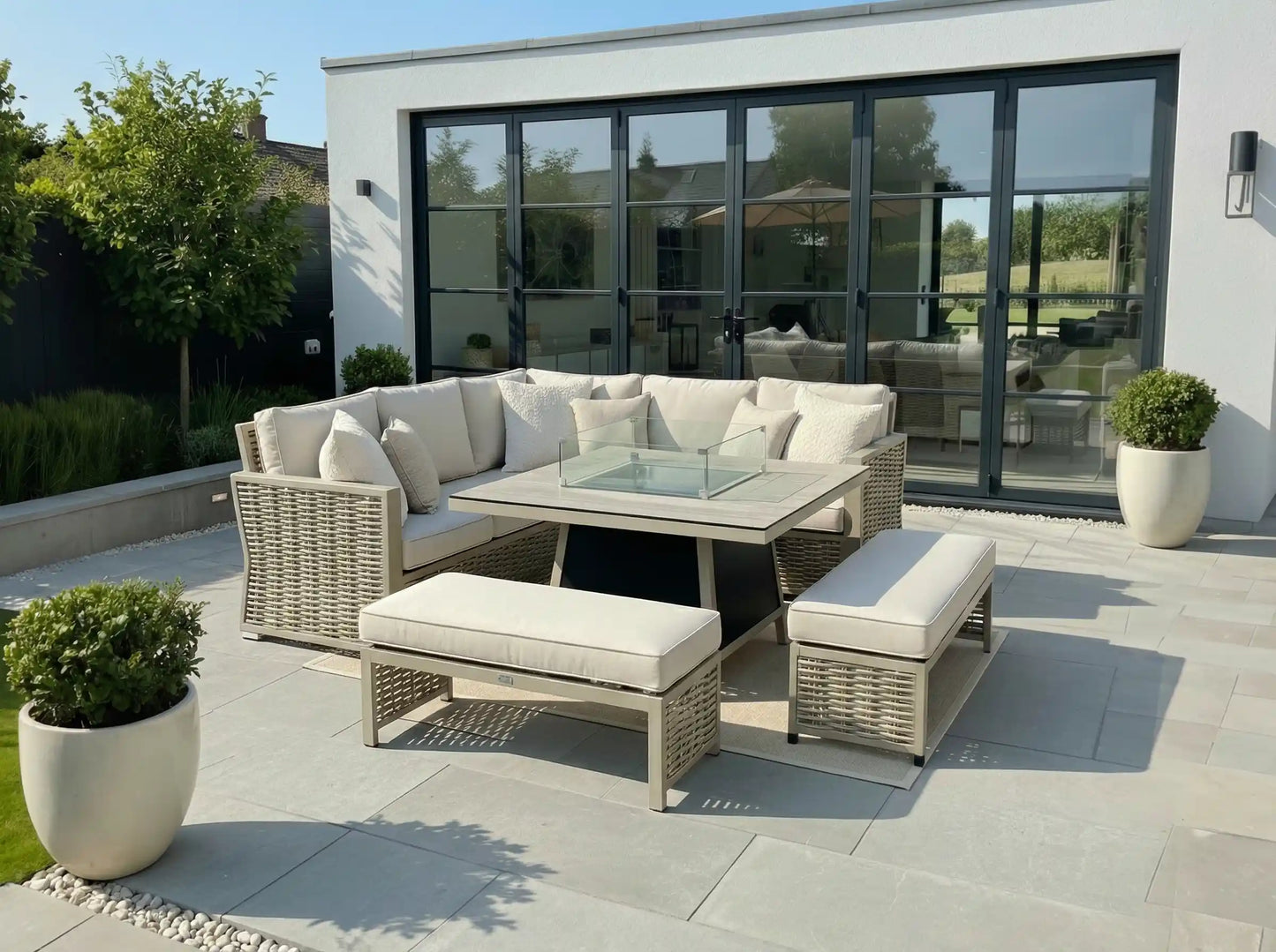 Chimes - Monaco Aluminium Compact Corner Dining Set with Firepit Table - Rope Weave - Cream
