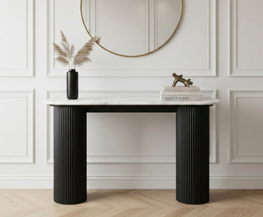 Tyler Travertine Top Console Table with Black Acacia Wood Legs
