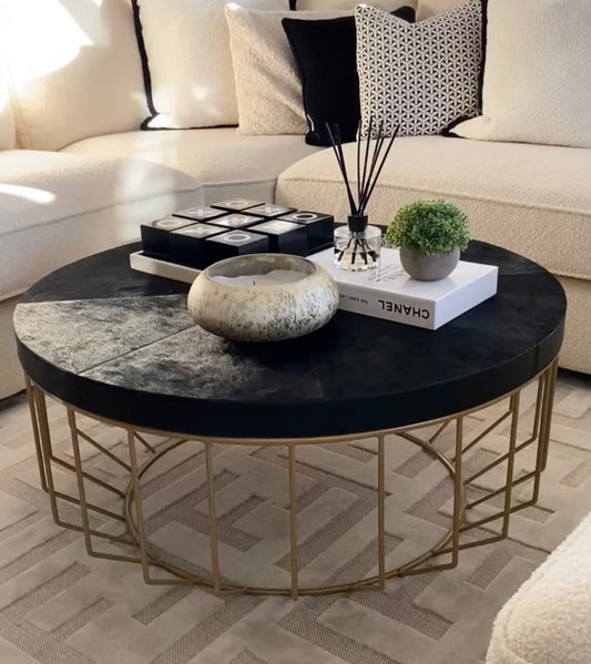Chimes - Dario Hair on Hide Black and Gold Round Coffee Table