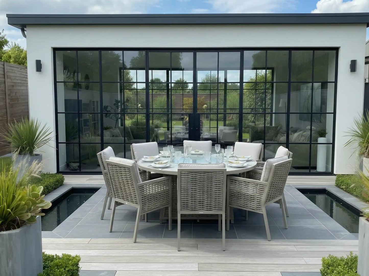 Chimes - Monaco Aluminium 8 Seat Round Dining Set - 1.8 Meter Round Table With Firepit - Rope Weave - Cream