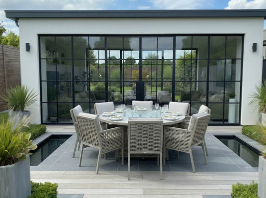 Chimes - Monaco Aluminium 8 Seat Round Dining Set - 1.8 Meter Round Table With Firepit - Rope Weave - Cream