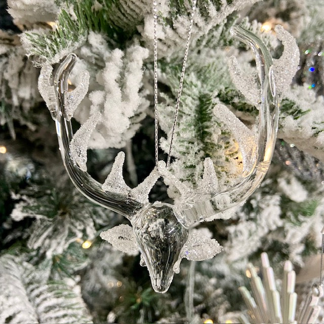 Glass Deer Head with White Glitter