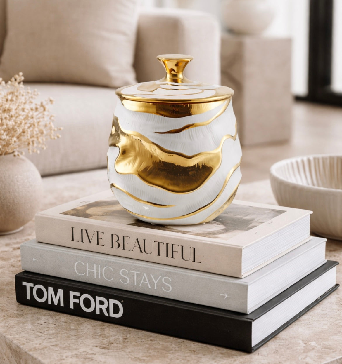 White and Gold Textured Ripples Design Ceramic Ginger Jar