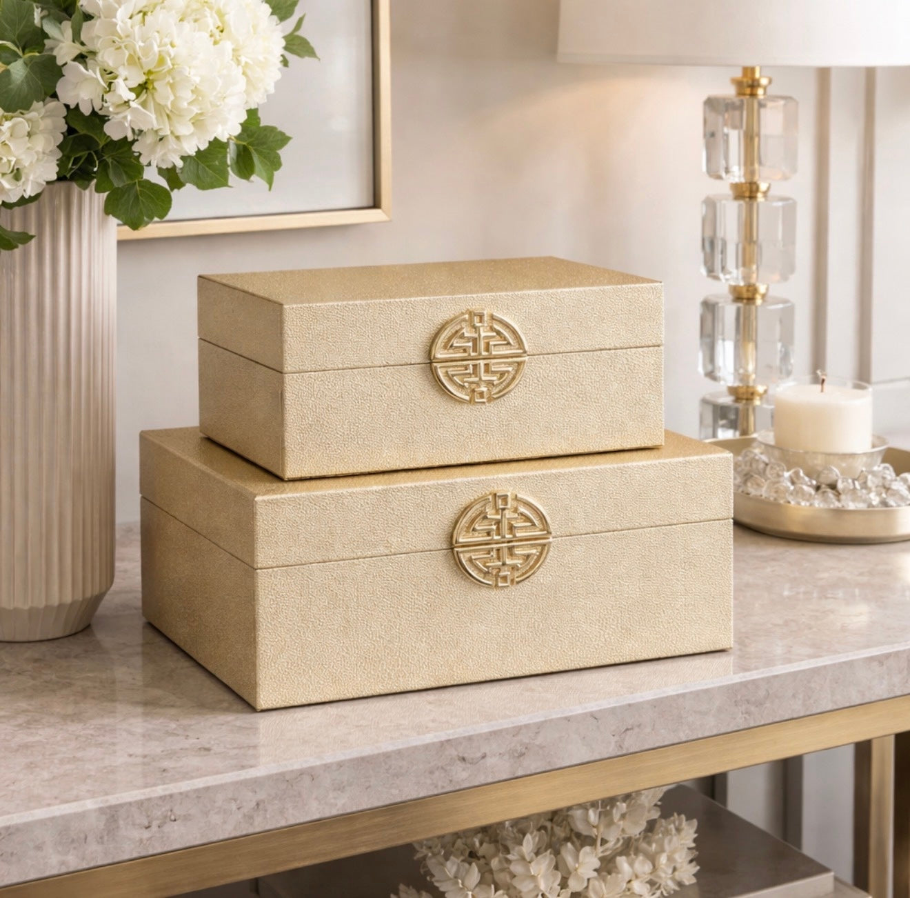 Chimes-Set Of 2 Gold Faux Leather Jewellery Boxes With Gold Clasp