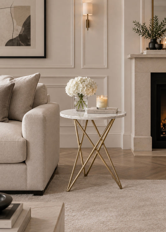 Suri White Marble With Gold Geometric Legs Side Table