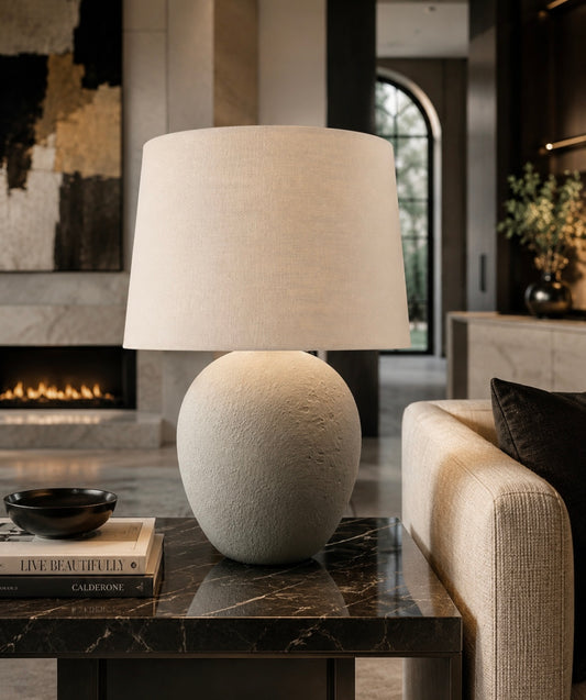 60cm Grey Stone Finish Table Lamp with Natural Linen Shade