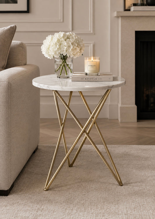 Suri White Marble With Gold Geometric Legs Side Table