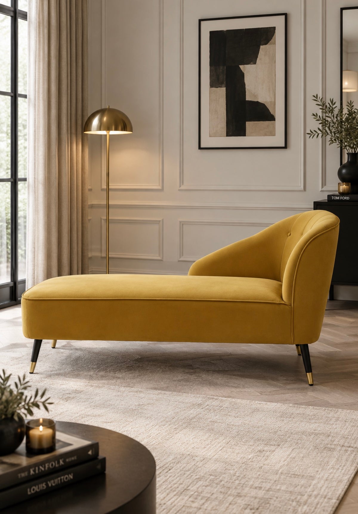 Beatrice Mustard Velvet Chaise Lounge