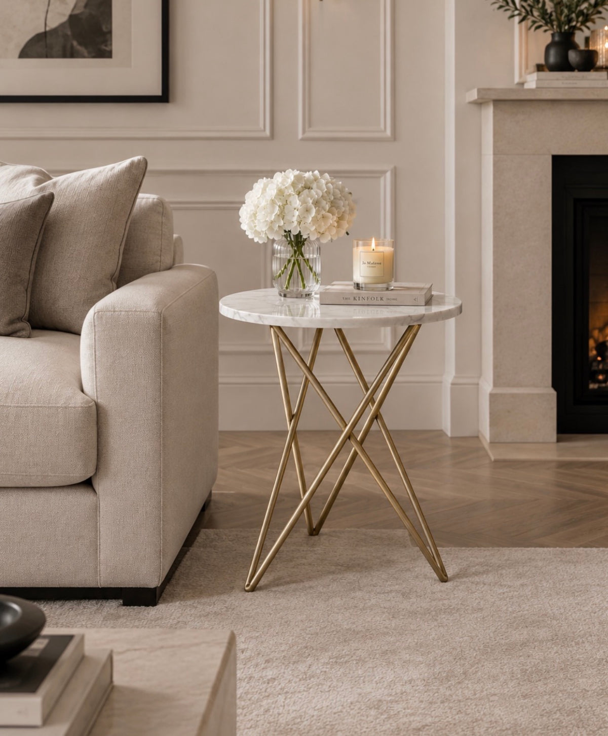 Suri White Marble With Gold Geometric Legs Side Table