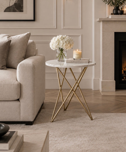 Suri White Marble With Gold Geometric Legs Side Table