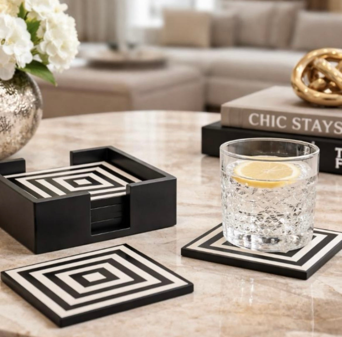 Monochrome Coasters In Holder
