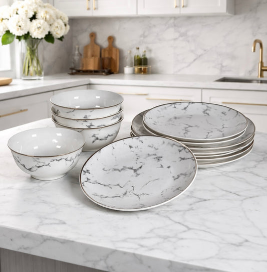 12 Piece Marble Effect Dinner Set