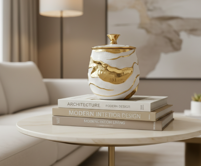 White and Gold Textured Ripples Design Ceramic Ginger Jar
