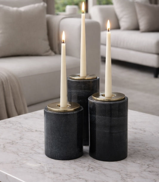 Set Of 3 Grey Marble Candle Holders