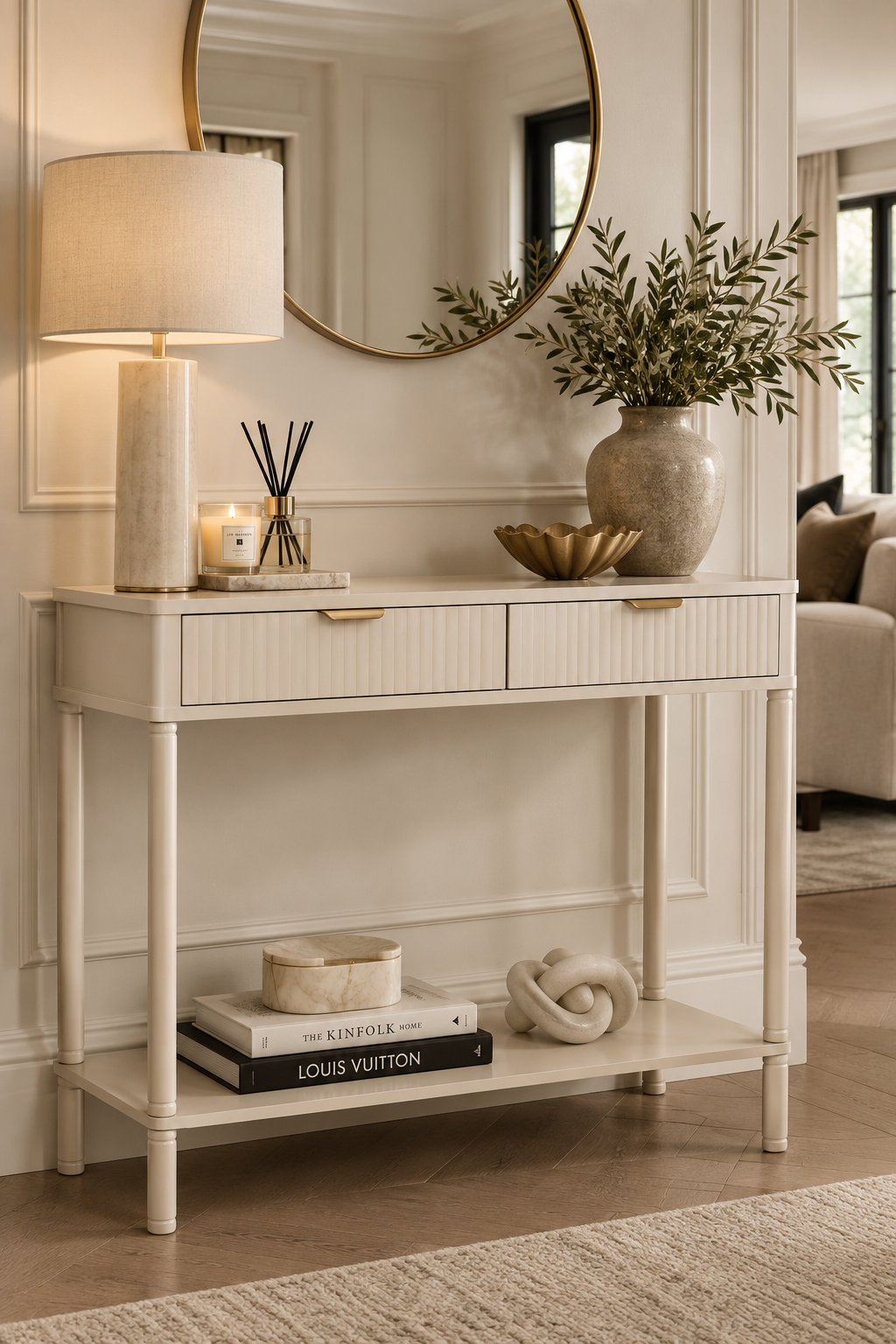 Harley Two Drawer Reed Detail Taupe Wood Console Table