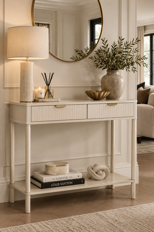 Harley Two Drawer Reed Detail Taupe Wood Console Table
