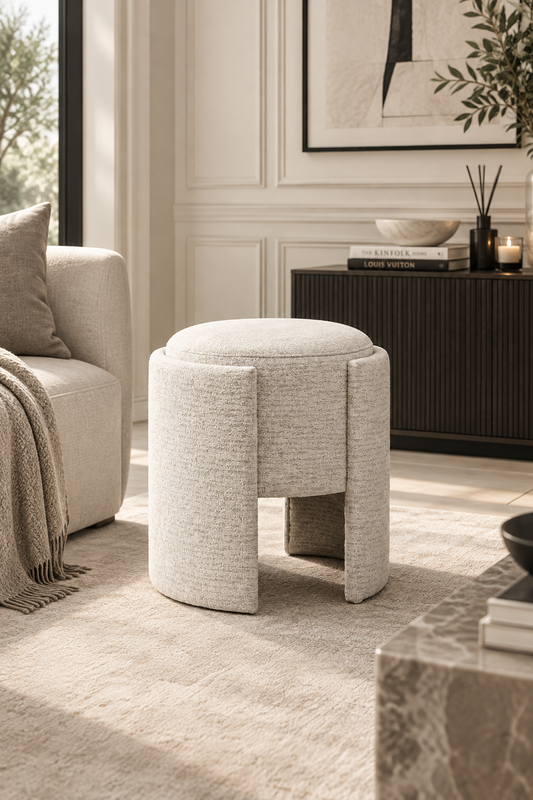 43cm Ivory Chenille Round Stool