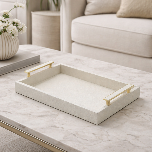 40 x 27 White Faux Litchi with Gold Handle Tray
