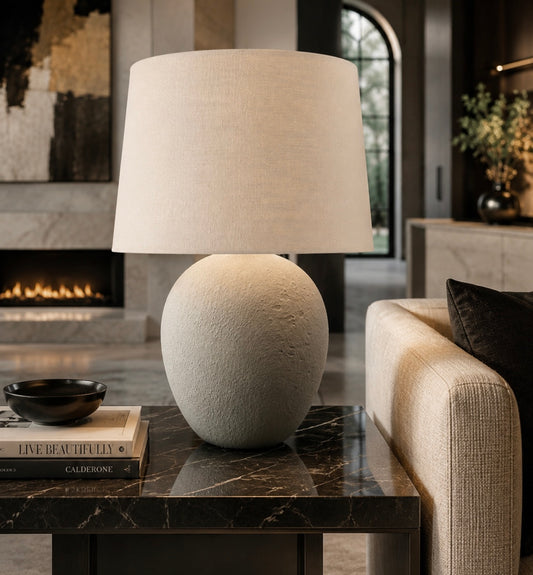 60cm Grey Stone Finish Table Lamp with Natural Linen Shade