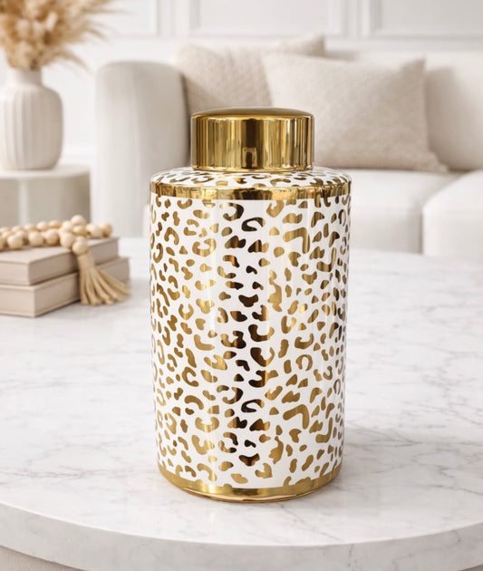 Large Gold And White Leopard Print Jar