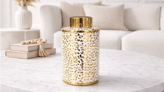 Large Gold And White Leopard Print Jar