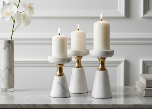 Set Of 3 White Marble Candle Holders