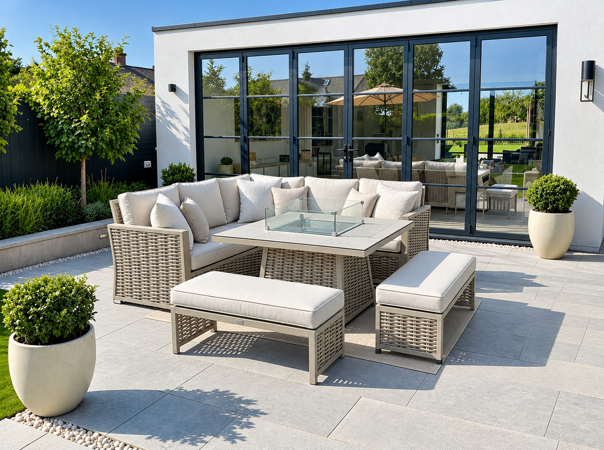 Chimes - Monaco Aluminium Compact Corner Dining Set with Firepit Table - Rope Weave - Cream