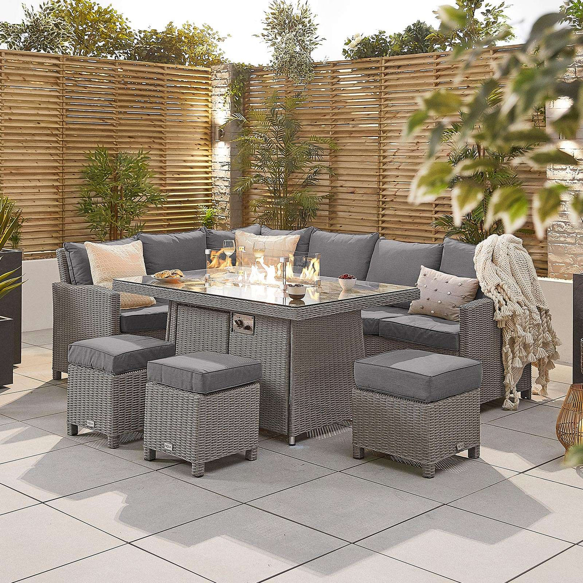 Nova - Heritage White Wash Ciara Corner Dining Set with Fire Pit Table - Left Hand - LOW STOCK