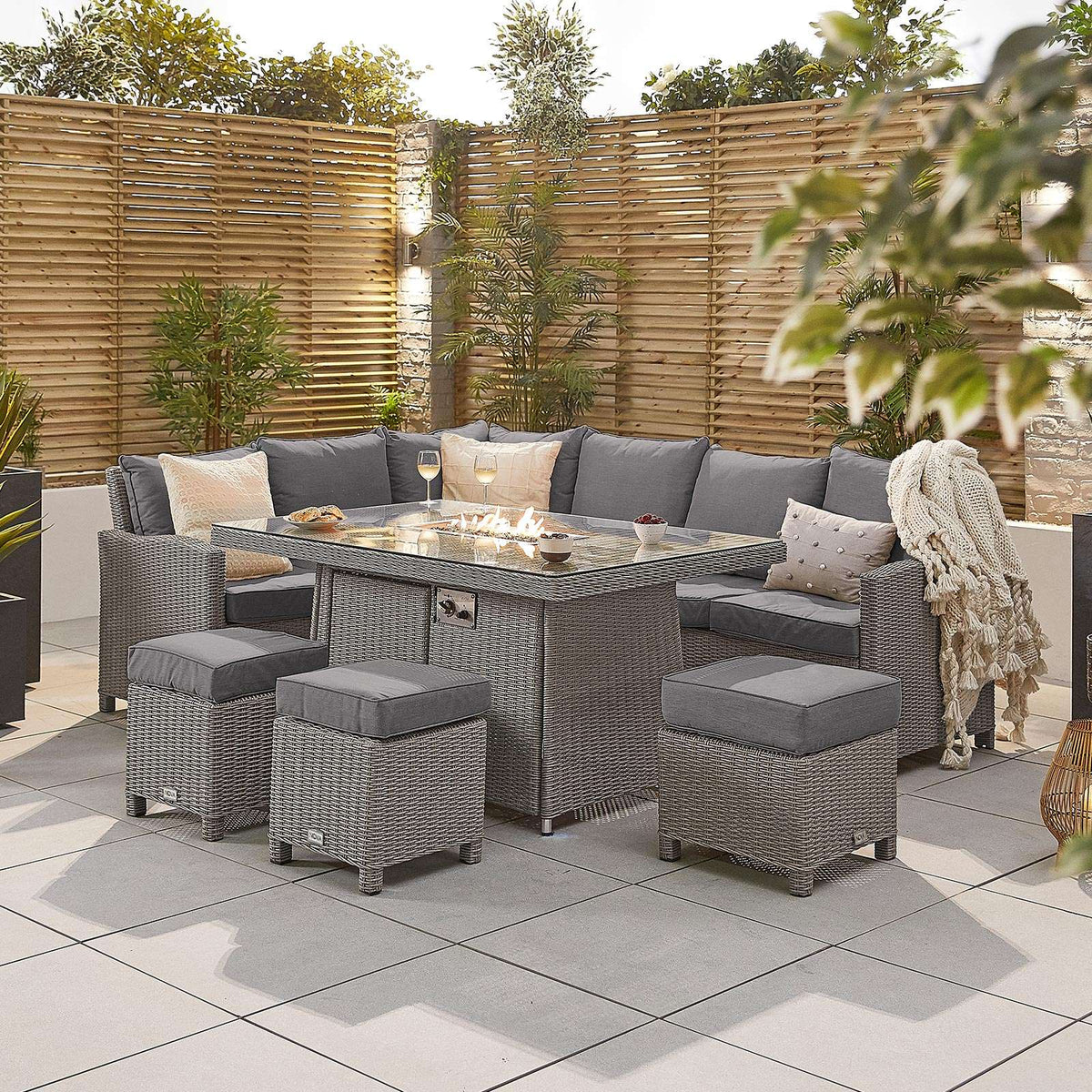 Nova - Heritage White Wash Ciara Corner Dining Set with Fire Pit Table - Left Hand - LOW STOCK