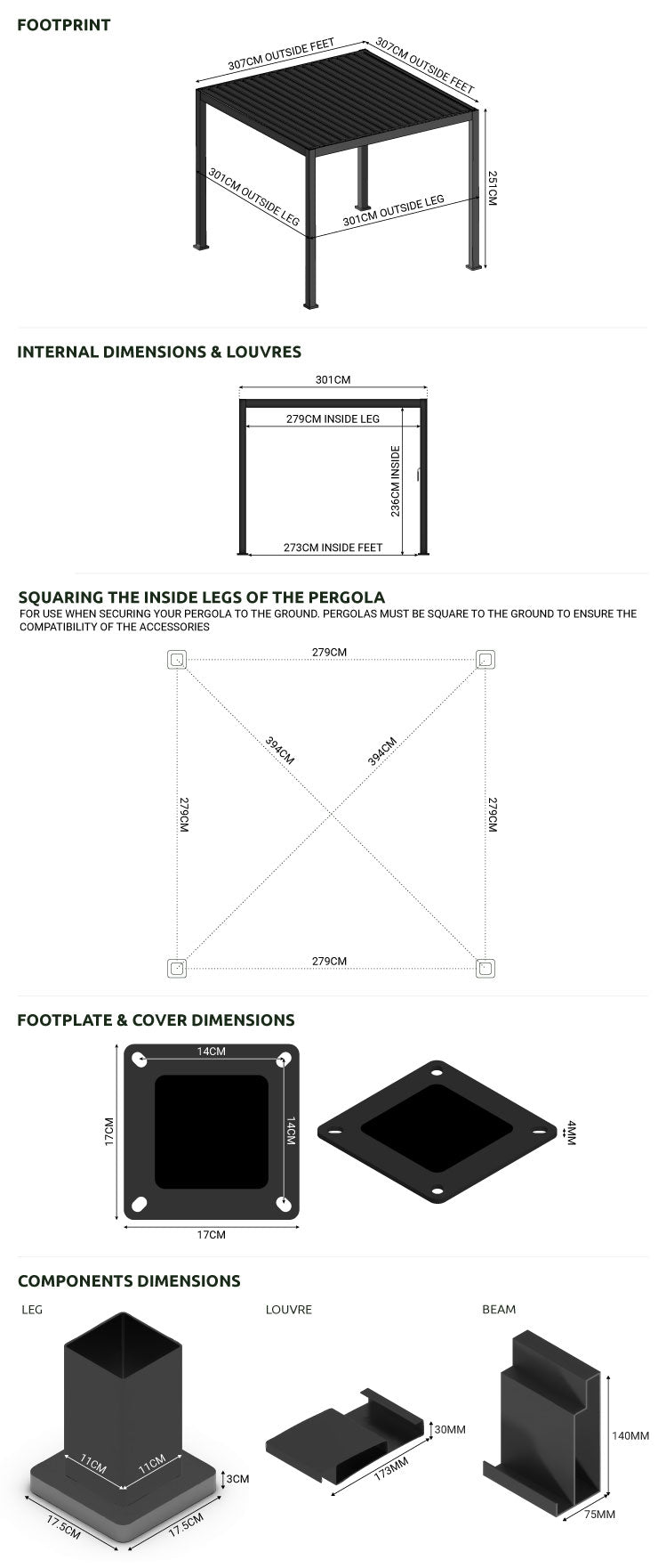 Nova - Titan Aluminium Pergola - 3m x 3m Square - Pebble