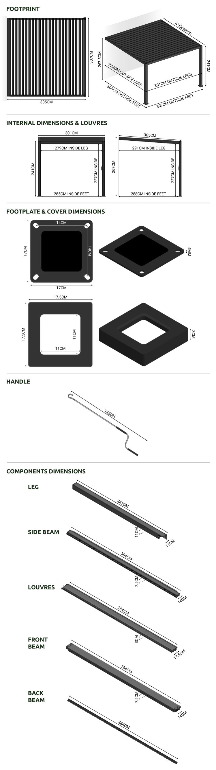 Nova - Titan Aluminium Wall Mounted Pergola - 3m x 3m Square in Grey