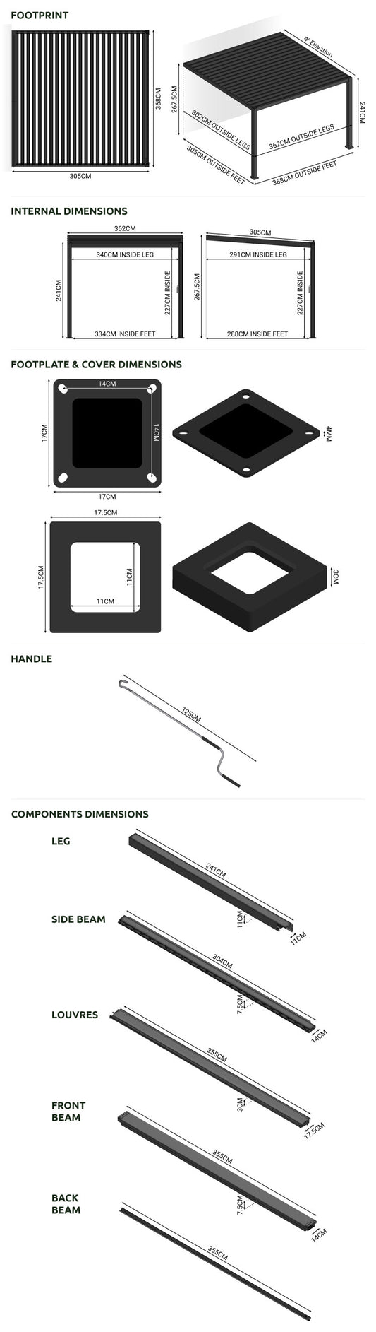Nova - Titan Aluminium Wall Mounted Pergola - 3.6m x 3m Rectangular in Grey