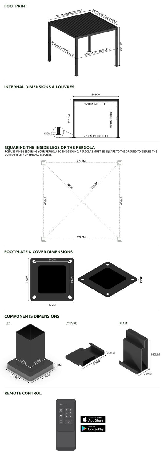 Nova - Titan 3m x 3m Square Motorised LED Pergola in Grey